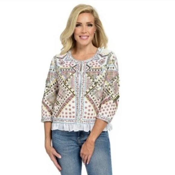 Indigo Moon Embroidered Ruffle Jacket Multicolor Sz XL Embellished Beaded Artsy - Picture 3 of 10